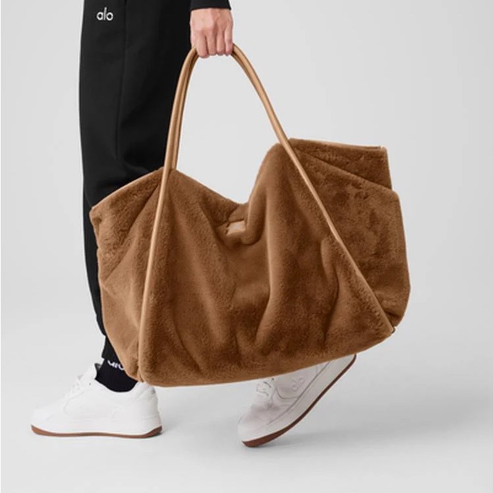 SOLD  ALO Yoga Faux Fur Tote Almond Brown Large Travel Weekender Bag Carry-All